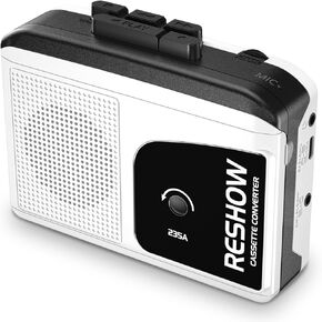 Reshow Walkman Cassette Player, Portable Cassette Tape Recorder, Audio Cassette to Digital Converter with Earphone Jack, Built-in Microphone, Loud Speaker, Reverse Recording to Tape-Black