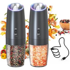 Gravity Electric Salt and Pepper Grinder Set, No Battery Needed Rechargeable Automatic Pepper and Salt Shakers, Adjustable Coarseness with LED Light, Washable 135ml Container Grinder (Black)
