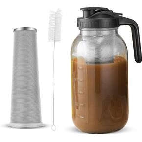 Cold Brew Coffee Maker Pitcher, 64 oz Iced Coffee Maker with Stainless Steel Filter and Pour Spout Handle Lid, Wide Mouth Thick Glass Mason Jar for Iced Coffee, Lemonade, Fruit Drinks