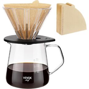 VEVOK CHEF Pour Over Coffee Maker Set, 20 Oz Borosilicate Glass Coffee Server Carafe and Glass Coffee Dripper with 100pcs V60 Cone Paper Filter, Hand Coffee Brewer for Home, Camping, Outdoor