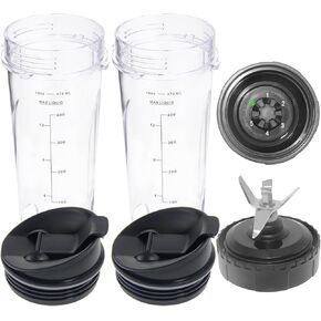 Ninja Blender Replacement Parts Compatible with BL770 BL660 BL663 BL663CO BL665Q BL740, 2 Pack Single Serve Ninja Blender 16oz Cups with Sip & Seal Lids &6 Fins Ninja Blender Blade Assembly
