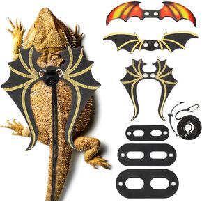 Bearded Dragon Leash and Harness Set 3 Size Cool Leather Bearded Dragon Harness Adjustable Bearded Dragon Leash 3 Pcs Bearded Dragon Wings for Reptile Safety Walking Halloween Accessories
