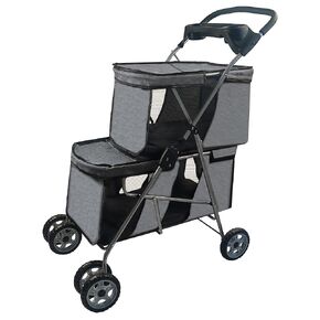 Double Pet Stroller,4 Wheels Cat Stroller Travel Carrier Strolling Cart,Travel Carrier Lightweight Waterproof Folding Dog Strollerwith Soft Pad&Cup Holder for Small Medium Dogs Cats(Gray)