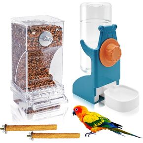 VCEPJH No Mess Bird Feeder with Water Dispenser, Automatic Parrot Feeder Drinker Parakeet Seed Dispenser Food Container with Cage Perch for Lovebirds Conures Budgies Canary Finch (4Pcs)