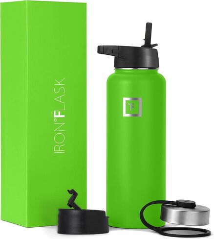 IRON °FLASK Sports Water Bottle - Wide Mouth with 3 Straw Lids - Stainless Steel Gym & Outdoor Bottles for Men, Women & Kids - Double Walled, Insulated Thermos, Metal Canteen - Kiwi Green, 40 Oz in Saudi Arabia