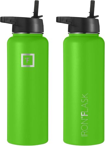 IRON °FLASK Sports Water Bottle - Wide Mouth with 3 Straw Lids - Stainless Steel Gym & Outdoor Bottles for Men, Women & Kids - Double Walled, Insulated Thermos, Metal Canteen - Kiwi Green, 40 Oz in Saudi Arabia