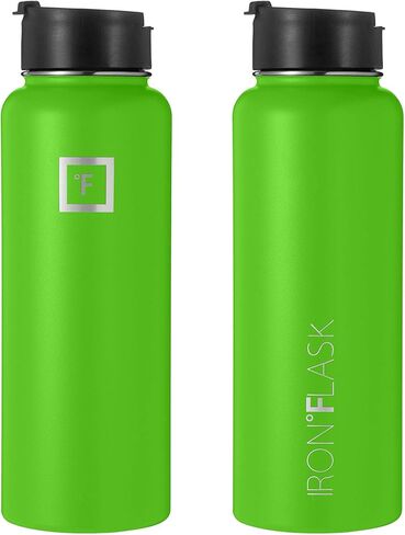 IRON °FLASK Sports Water Bottle - Wide Mouth with 3 Straw Lids - Stainless Steel Gym & Outdoor Bottles for Men, Women & Kids - Double Walled, Insulated Thermos, Metal Canteen - Kiwi Green, 40 Oz in Saudi Arabia