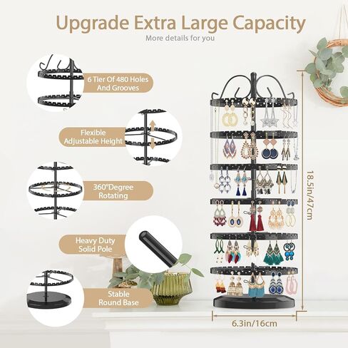 LASZOLA 5 Tiers Metal Earring Holder Organizer, Stable Rotating Jewelry Display Stand for Women Girls, 400 Holes and Grooves Earring Spin Table Rack Tower Tree for Necklace Bracelet Ring - Black in Kuwait