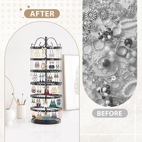 LASZOLA 5 Tiers Metal Earring Holder Organizer, Stable Rotating Jewelry Display Stand for Women Girls, 400 Holes and Grooves Earring Spin Table Rack Tower Tree for Necklace Bracelet Ring - Black in Kuwait
