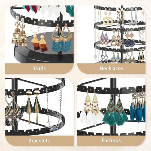 LASZOLA 5 Tiers Metal Earring Holder Organizer, Stable Rotating Jewelry Display Stand for Women Girls, 400 Holes and Grooves Earring Spin Table Rack Tower Tree for Necklace Bracelet Ring - Black in Kuwait