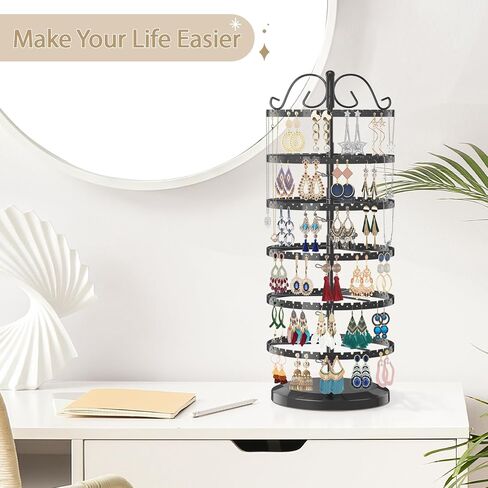 LASZOLA 5 Tiers Metal Earring Holder Organizer, Stable Rotating Jewelry Display Stand for Women Girls, 400 Holes and Grooves Earring Spin Table Rack Tower Tree for Necklace Bracelet Ring - Black in Kuwait