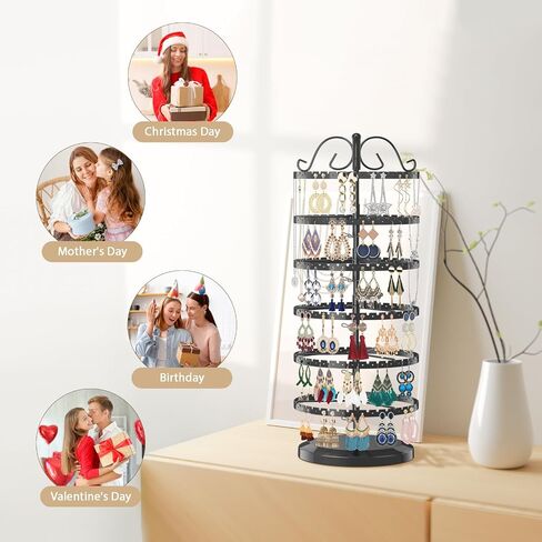 LASZOLA 5 Tiers Metal Earring Holder Organizer, Stable Rotating Jewelry Display Stand for Women Girls, 400 Holes and Grooves Earring Spin Table Rack Tower Tree for Necklace Bracelet Ring - Black in Kuwait