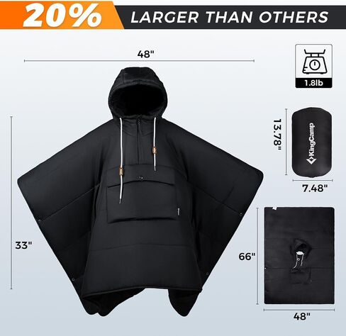 KingCamp Blanket Poncho Hooded Ultralight Water, Warm Camping Blanket Wearable Poncho Ultralight Compact, Camp Poncho Sleeping Bag (Black) in Kuwait
