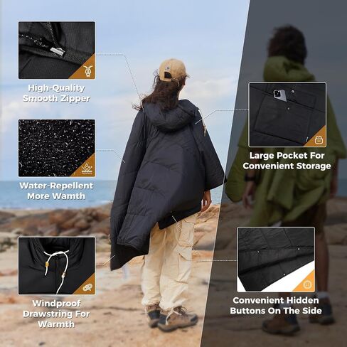 KingCamp Blanket Poncho Hooded Ultralight Water, Warm Camping Blanket Wearable Poncho Ultralight Compact, Camp Poncho Sleeping Bag (Black) in Kuwait
