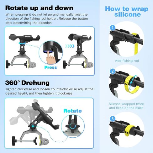 Adjustable Fishing Rod Holder for Boat,Upgraded Fishing Gear with 360°Button Rotation, Enlarged Clamp,Flexible Silicone Strap for Most Rod,Fits Round/Square Tubes, Perfect Fishing Accessory & Gifts in Saudi Arabia