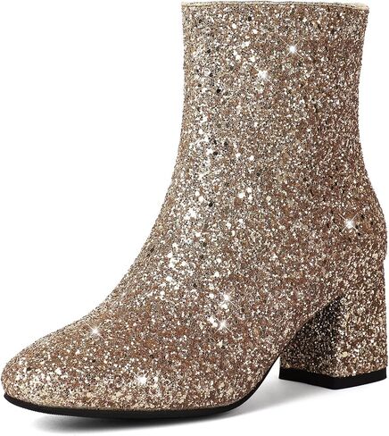 MAVMAX Women's Sequin Glitter Ankle Boots Chunky Heels Sparkly Booties in Saudi Arabia