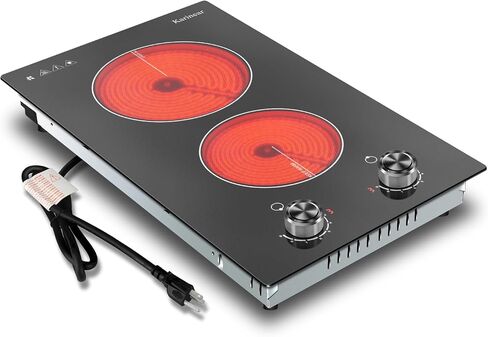 Karinear 110V Electric Cooktop 2 Burners Electric Stove 12 Inch Knob Control Countertop & Built-in Ceramic Cooktop, 9 Heating Level, Hot Warning, Over-Temperature Protection(Silver Knob) in Kuwait