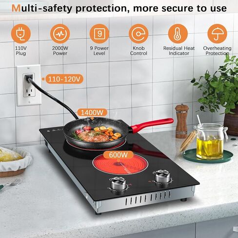 Karinear 110V Electric Cooktop 2 Burners Electric Stove 12 Inch Knob Control Countertop & Built-in Ceramic Cooktop, 9 Heating Level, Hot Warning, Over-Temperature Protection(Silver Knob) in Kuwait
