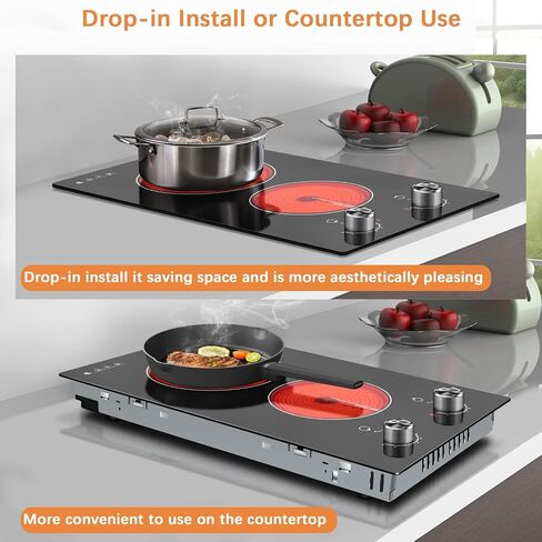 Karinear 110V Electric Cooktop 2 Burners Electric Stove 12 Inch Knob Control Countertop & Built-in Ceramic Cooktop, 9 Heating Level, Hot Warning, Over-Temperature Protection(Silver Knob) in Kuwait