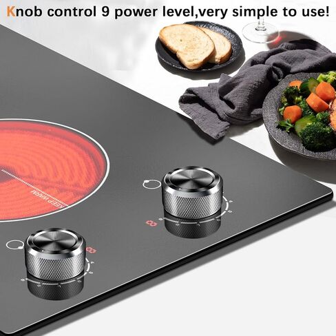 Karinear 110V Electric Cooktop 2 Burners Electric Stove 12 Inch Knob Control Countertop & Built-in Ceramic Cooktop, 9 Heating Level, Hot Warning, Over-Temperature Protection(Silver Knob) in Kuwait
