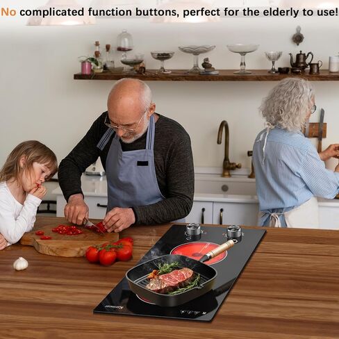 Karinear 110V Electric Cooktop 2 Burners Electric Stove 12 Inch Knob Control Countertop & Built-in Ceramic Cooktop, 9 Heating Level, Hot Warning, Over-Temperature Protection(Silver Knob) in Kuwait