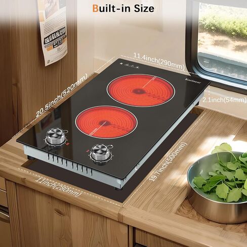 Karinear 110V Electric Cooktop 2 Burners Electric Stove 12 Inch Knob Control Countertop & Built-in Ceramic Cooktop, 9 Heating Level, Hot Warning, Over-Temperature Protection(Silver Knob) in Kuwait