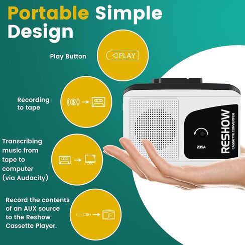 مشغل كاسيت Reshow Walkman، مسجل شريط كاسيت محمول، كاسيت صوتي إلى محول رقمي مع مقبس سماعة الأذن، ميكروفون مدمج، مكبر صوت عالٍ، تسجيل عكسي إلى شريط أسود in Saudi Arabia