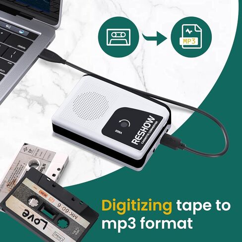 مشغل كاسيت Reshow Walkman، مسجل شريط كاسيت محمول، كاسيت صوتي إلى محول رقمي مع مقبس سماعة الأذن، ميكروفون مدمج، مكبر صوت عالٍ، تسجيل عكسي إلى شريط أسود in Saudi Arabia