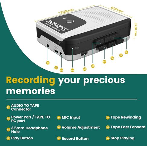 مشغل كاسيت Reshow Walkman، مسجل شريط كاسيت محمول، كاسيت صوتي إلى محول رقمي مع مقبس سماعة الأذن، ميكروفون مدمج، مكبر صوت عالٍ، تسجيل عكسي إلى شريط أسود in Saudi Arabia