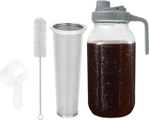 Cold Brew Coffee Maker, 64oz Glass Mason Jar Pitcher Iced Tea Maker Wide Mouth Spout Lid Airtight with Handle Stainless Steel Filter for Iced Coffee, Ice Lemonade, Fruit Drinks, with Spoon/Brush in Saudi Arabia