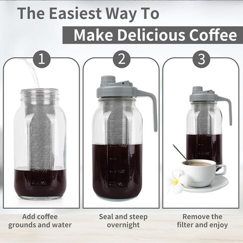 Cold Brew Coffee Maker, 64oz Glass Mason Jar Pitcher Iced Tea Maker Wide Mouth Spout Lid Airtight with Handle Stainless Steel Filter for Iced Coffee, Ice Lemonade, Fruit Drinks, with Spoon/Brush in Saudi Arabia