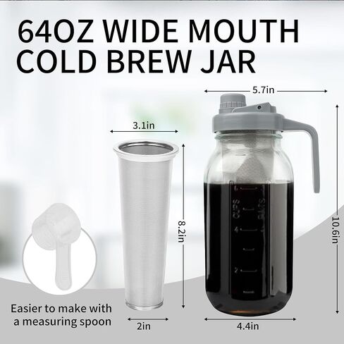 Cold Brew Coffee Maker, 64oz Glass Mason Jar Pitcher Iced Tea Maker Wide Mouth Spout Lid Airtight with Handle Stainless Steel Filter for Iced Coffee, Ice Lemonade, Fruit Drinks, with Spoon/Brush in Saudi Arabia