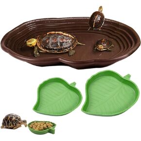 3PCS Tortoise Water Bowl with Ramp Leaf Tortoise Water Food Dish Turtle Pool Tortoise Bathing Pool Reptile Water Dish Large Soaking Dish Box Turtle Habitat Accessories