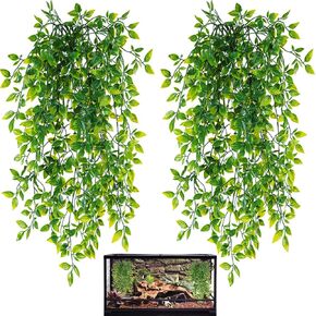 HERCOCCI Reptile Plants, 2 Pack Terrarium Hanging Plants Vines Artificial Leaves Habitat Decorations with Suction Cup for Bearded Dragon Hermit Crab Lizard Snake Geckos Chameleon