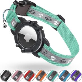 Reflective AirTag Cat Collar, Integrated Cat Tracker Collar with Air Tag Holder and Bell, Safety Elastic Band Cat GPS Collars for Girl Boy Cats, Kittens and Puppies (Green,S)