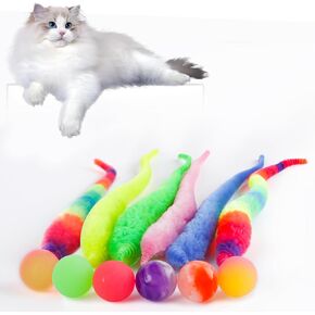 Bouncy Ball with Tail Cat Toys,6 Packs Rainbow Large Magic Worm with Ball Toy for Cats,Colorful Fuzzy Worm Bouncy Balls Cat Toy