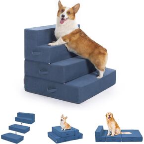 Multi-Function Pet Steps for Small & Medium Dogs, Extra-Wide (28") for Stability, Adjustable Heights for High Beds & Sofas, High-Density Foam, DIY into Various Dog Bed Sizes, 4 Steps, Blue Bird.