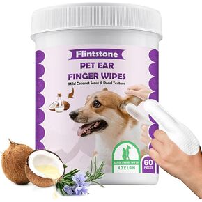Flintstone Dog Ear Cleaner Finger Wipes – Ultra Big Dog Ear Wipes Gently Clean Ear Wax, Dirt - Ear Wipes for Dogs & Cats Soothes Ear Itching - Mild Coconut Scent - 60 Count