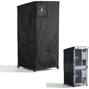 Outdoor Cat House Cover, Feral Cattery Cat Cover, Cat Enclosure Cover, 600D Heavy Duty Rain Sheet with Visible Window, 100% Waterproof, 32x32x71 inch (Cover only) (Black)