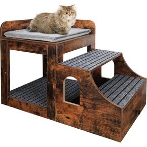 Cat Window Perch with Removable Stairs, Large Pet Bunk Bed with Drawer and Cushion for Cats and Dogs, Strong Frame Pet Bed for Bedside, Home, Indoor, Rustic Brown