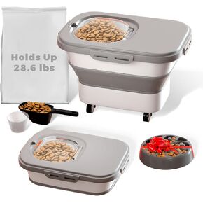 Lunatinc Dog Food Storage Container - 28 Lbs Collapsible Pet Food Storage Containers with Rolling Wheels & Lid Airtight Cat Food Container with Slow Feeder Dog Bowl