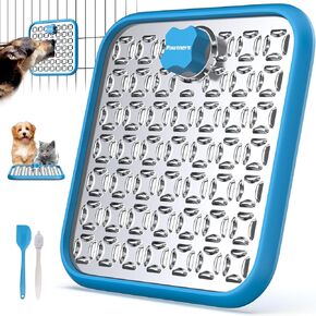 Stainless Steel Large Lick Mat: Dog Lick Mats for Large Dogs, Cat Licking Pads for Crate Boredom & Anxiety Reduce, Slow Feeding, Cat Slow Feeder Mat with a Spatula, Scrubbing Brush, Blue