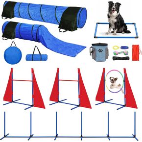 Dog Agility Course Backyard Set, Dog Agility Equipment, Portable Agility Training Equipment for Dogs, Build Dog Obstacle Course Backyard with 2 Tunnels, 3 Jumps, 6 Weave Poles & More, Dog Training Kit