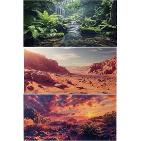 3 Pack Terrarium Background, 36x18 inches Polyester Reptile Background, Cloth Terrarium Background, Gobi Sunshine Cactus Stone & Green Tree Fern Stream Terrarium Background