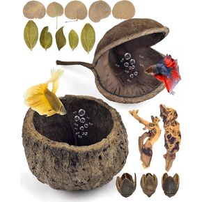 KATUMO Fish Tank Decorations, 17 Pcs Aquarium Decors Natural Driftwoods Nutshell Breeding Hiding Caves Pods Leaves Decors for Aquatic Pets Fish Tank Ornaments Reptile Decors