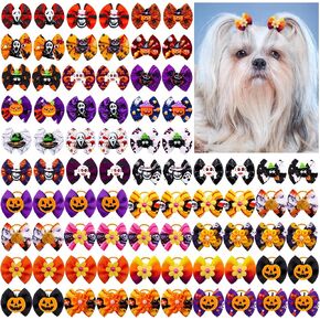 80pcs Halloween Small Dog Hiar Bows, Dog Bows with Rubber Bands, Bulk Dog Tiny Bows, Handmade Halloween Elements Pet Puppy Yorkie Dog Hair Bowknot Grooming Accessories Supplies
