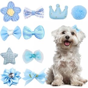 10pc Blue Cute Dog Hair Bows with Rubber Bands, Bulk Handmade Yorkie Dog Hair Grooming Bows for Small Dogs, Puff Ball Flower Star Pet Girl Dog Bows with Rhinestone for Dog Hair Accessories (Blue)