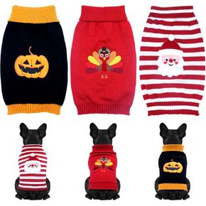 3 Pack Halloween Thanksgiving Christmas Dog Cat Knit Sweater Set - Dog Clothes with Santa Pattern Pumpkin Turkey Pets Costumes-Dog Fall Sweaters for Holiday(m)