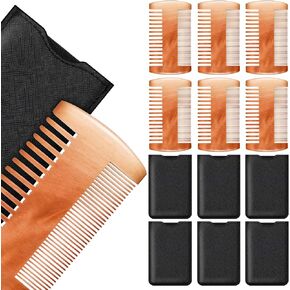 6 Pieces Beard Comb Natural Sandalwood Wooden Moustaches Combs Dual Action Teeth Beard Comb with 6 Pieces Pocket Faux Leather Case for Beards Moustaches (Yellow, Black, Reddish Brown)
