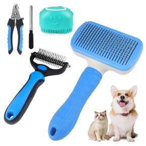 Dog Grooming Kit 5PCS-Dog Brush for Shedding,Self Cleaning Slicker Brush for Dogs,Dog Nail Clippers,Bath Brush,Pet Grooming Set for Long&sShort Haired Dogs,Cat and Dog Brushes for Grooming at Home